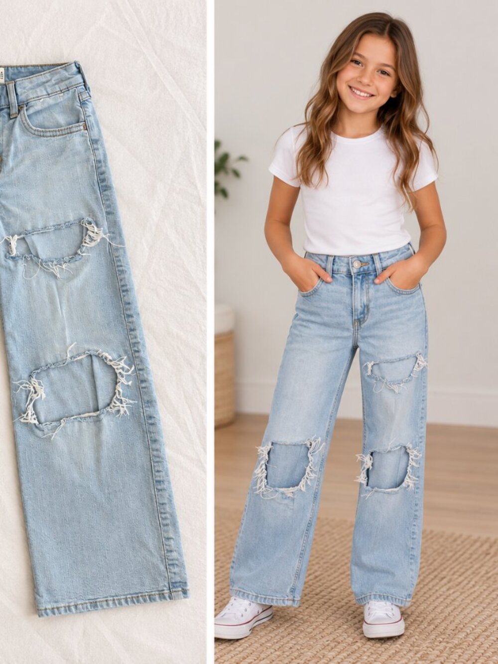 Abercrombie Kids Girls Distressed Wide Leg Jeans Size 7/8 Light Wash